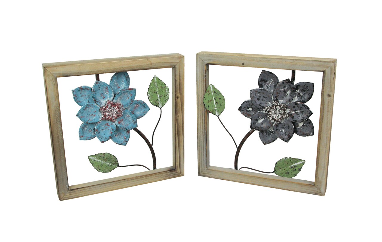 2 Piece Sculpted Metal Flowers Wall Hanging Set With Wooden Frames